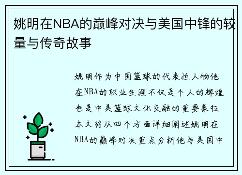 姚明在NBA的巅峰对决与美国中锋的较量与传奇故事